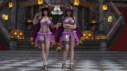 2girls 3d bare_shoulders black_hair blue_eyes breasts brown_eyes brown_hair cape dead_or_alive female female_only halloween halloween_costume heart_tattoo hitomi_(doa) hitomiluv3r jack-o'-lantern legs looking_at_viewer navel necklace nyotengu pumpkin revealing_clothes standing toes witch witch_hat