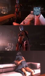 3d asari ass bioware blue_skin cleavage commander_shepard couch cowgirl_position cum_in_pussy erection faceless_male mass_effect penis samara sex sofa source_filmmaker surprised vg05