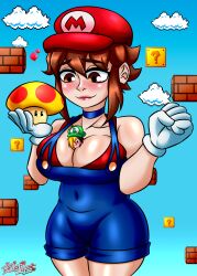 1boy 1girl between_breasts big_breasts blush body_between_breasts breasts brown_eyes brown_hair couple couple_love curvy curvy_female dyed_hair emil-inze giant_breasts giantess gigantic_breasts grown_up growth huge_breasts level_up looking_down love luigi_hat luna_(emil-inze) mario_(series) mario_hat mega_mushroom micro_in_cleavage nintendo oc_x_oc original_character outdoors pink_lipstick smaller_male soft_breasts super_mario_bros. thick thick_ass thick_lips thick_thighs white_gloves