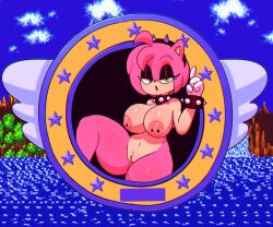 amy_rose belly_button big_breasts breasts collar eyelashes eyeshadow gloves goth half-closed_eyes headband hi_res high_resolution nipple_piercing nipples nude open_mouth pink_fur pink_hair rabiosin simple_shading sonic_(series) sonic_the_hedgehog_(series) spiked_collar spikes thick_thighs thighs vagina whore_eyes