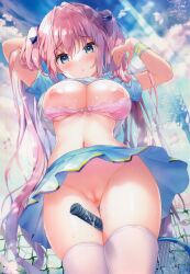 :o absurdres arms_up between_thighs blue_eyes blue_skirt bra bra_visible_through_clothes breasts breasts_out bug butterfly cameltoe censored cherry_blossoms cleavage clothes_lift commentary_request day female frilled_panties frills hair_between_eyes hair_ribbon highres kino_(kino_konomi) lace-trimmed_bra lace_trim large_breasts long_hair looking_at_viewer midriff_peek mosaic_censoring navel nipples no_panties non-web_source open_mouth original outdoors panties pink_bra pink_hair pussy racket ribbon shirt short_sleeves skirt skirt_lift sky solo sportswear tennis_net tennis_racket tennis_uniform thighhighs thighs twintails unbuttoned unbuttoned_shirt underwear white_panties white_shirt white_thighhighs