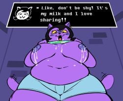 2025 anthro areola aroused belly big_breasts biped black_hair blush blush_stickers bodily_fluids bottomwear breastfeeding_request breasts catty_(undertale) clothed clothing clothing_lift deltarune dialogue digital_media_(artwork) domestic_cat ear_piercing ear_ring english_text expression_avatar fangs felid feline felis female front_view hair happy hi_res inviting inviting_viewer kindaprudish lactating looking_at_viewer looking_down looking_down_at_viewer love_handles low-angle_view mammal milk milk_drip milk_on_breasts milk_on_face navel nipples open_mouth open_smile overweight overweight_anthro overweight_female piercing presenting presenting_breasts purple_areola purple_body purple_nipples raised_clothing raised_shirt raised_topwear ring_piercing shirt shirt_lift shorts simple_background smile solo standing tail tail_motion tailwag talking_to_viewer teeth text text_box thick_thighs topless topwear undertale undertale_(series) wall_(structure) wide_hips yellow_sclera