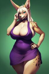 ai_generated animal_ears anthro big_breasts blonde_hair canid canine canis dress fur furry furry_female green_background halter_dress hand_on_hip inner_ear_fluff jackal large_breasts long_tail simple_background snout stable_diffusion tail thick thick_thighs tuft voluptuous wgenjoyr4539