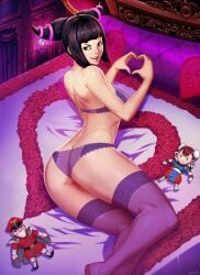 1girls alternate_costume ass back bed bed_sheet bedroom black_hair bra butt_crack capcom chun-li evil_smile fangs female female_pervert flower genzoman heart heart_hands juri_han looking_at_viewer looking_back m_bison on_bed open_mouth pervert pillow presenting purple_bra purple_eyes purple_thighhighs rose smile street_fighter thighhighs toy underwear