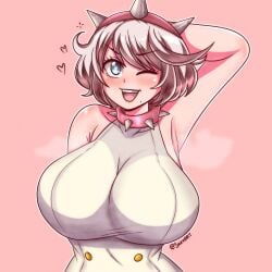 1girls accessory alternate_breast_size armpits artist_name big_breasts blue_eyes breasts clothed_female collar elphelt_valentine guilty_gear guilty_gear_strive hand_on_head headband heart huge_breasts light-skinned_female mole one_eye_closed open_mouth pink_background seireiart solo solo_female steam sweaty_armpits watermark white_hair wink