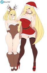 2girls aged_up blonde_hair christmas christmas_clothing christmas_headwear christmas_outfit daughter female female/female female_focus female_only green_eyes heels high_heels lillie_(pokemon) lusamine_(pokemon) m_jr_art milf mother mother_and_daughter multiple_girls petite platform_heels pokemon pokemon_sm reindeer_antlers santa_claus santa_costume santa_dress santa_hat white_skin yellow_hair