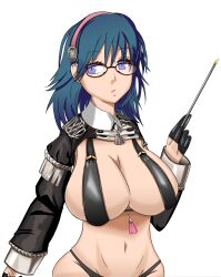 1girls alternate_costume ass bare_midriff bikini black_bikini black_swimsuit blue_eyes breasts_out byleth_(female)_(summer)_(fire_emblem) byleth_(fire_emblem) byleth_(fire_emblem)_(female) cleavage expressionless female female_only fire_emblem fire_emblem:_three_houses fire_emblem_heroes garreg_mach_monastery_uniform glasses gloves hairband long_sleeves mali-sa medium_hair midriff nintendo official_alternate_costume pointer revealing_clothes shirt_lift sideboob solo swimsuit teacher teal_hair white_background