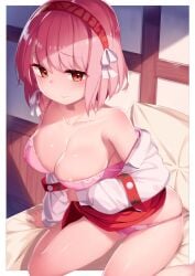 1girls bed breasts cleavage female female_only fire_emblem fire_emblem_engage hairband indoors lapis_(fire_emblem) medium_breasts mikan000 nervous nintendo on_bed panties pillow pink_hair pink_panties pink_underwear red_eyes short_hair skeb_commission skindentation solo thighs underwear undressing wavy_mouth