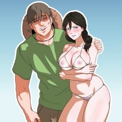 1boy 1girls 2d bikini blush breasts embarrassed exhibitionism farmer forced geabull_(artist) looking_away manhwa milf nervous netorare no_sex see-through see-through_clothing swimsuit uncomfortable unemployed_gye_baek-soon webtoon