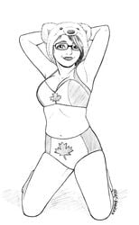 1girls armpits arms_behind_head arms_up asymmetrical_hair bear_ears bikini black_and_white busty canadian_flag female glasses kathleen_de_vere kneeling kv1nn4 maple_leaf milf pin-up pinup sketch streamer very_short_hair youtube