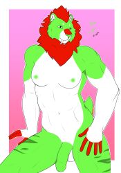 1boy abs anthro balls ballsack belly body_fur breasts circumcised fangs feline flaccid_penis fluffy_tail genitals green_eyes green_fur green_nipples green_nose green_penis green_stripes hand_on_leg hand_on_thigh hi_res humanoid_penis hybrid leonine lion looking_at_viewer male male_nipples male_only mammal mane muscles muscular_anthro muscular_female muscular_male neon_lion nude_male outline pantherine pecs penis posing_for_picture red_hair red_mane ryliee_altinay_(neon_lion) saber-toothed_tiger sabertooth_(anatomy) scrotum shaded short_tail simple_background simple_shading sitting small_breasts smooth_penis solo striped_body stripes tail tasteful_nudity teeth testicles white_countershading