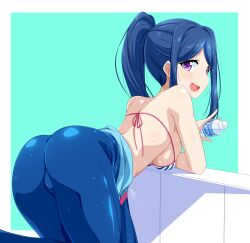 1girls ass bikini_top breasts bunji female female_focus female_only from_behind holding_object leaning_forward leaning_on_wall looking_back love_live! love_live!_sunshine!! matsuura_kanan open_mouth sideboob smile solo water water_bottle wetsuit wetsuit_pulled_down