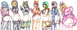 6+girls 7girls ass asses_row blonde_hair brown_hair ceanna_(farlight_84) colored_sketch dress farlight_84 female female_focus female_only flashing flipping_off flipping_viewer_off flo-sb-13 group looking_at_viewer lucinda_(farlight_84) maggie_(farlight_84) maychelle_(farlight_84) middle_finger momoi_(farlight_84) multiple_girls overalls peace_sign phantom_(farlight_84) pussy ripped_clothing syfer_(farlight_84) tight_clothing transparent_background