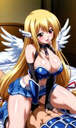 ai_generated angel angeloid astraea_(sora_no_otoshimono) blonde_female blonde_hair breasts chains cowgirl_position female long_hair necklace nudity orgasm pervert pussy red_eyes skirt sora_no_otoshimono vagina vaginal_fluids vaginal_juices vaginal_penetration wings
