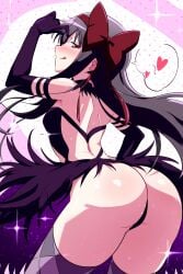 ai_generated akemi_homura akuma_homura ass ass ass_focus black_hair butt_focus colorful_background devil female female female_focus female_only goddess hair_ribbon heart highres licking_lips long_hair looking_back looking_back_at_viewer magical_girl magical_girl_outfit mahou_shoujo_madoka_magica puella_magi_madoka_magica purple_eyes pussy_peek red_ribbon ribbon simple_background solo solo_female solo_focus straight_hair thong tongue