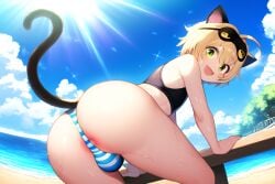 1boy adrien_agreste ai_generated anus anus_peek ass ass_focus asshole balls_in_panties beach bending_over bent_over big_ass big_butt blonde_hair bulge cat_ears cat_noir cat_tail eyemask femboy feminine_male girly green_eyes huge_ass huge_butt male male_only miraculous_ladybug novelai ocean pov presenting_hindquarters rainbow smile smiling smiling_at_viewer sunlight thong wet