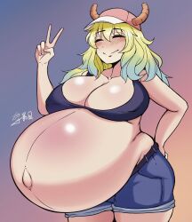 1girls belly big_belly big_breasts blush breasts cleavage eyes_closed female huge_belly huge_breasts miss_kobayashi's_dragon_maid outie_navel pregnant quetzalcoatl_(dragon_maid) v_sign yukinohi