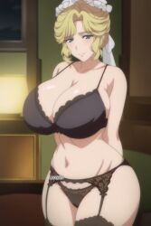 1girls ai_generated blonde_hair blue_eyes blush hourglass_figure lingerie maid maria_(victoria_maid_maria_no_hoshi) massive_breasts sideboob thick_thighs victoria_maid_maria_no_hoshi