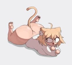 1girls :3 ass ass_focus big_ass blonde_hair bottomless cat_ears cat_tail fat_ass lying_down lying_on_stomach medlinss neco-arc red_eyes smug smug_face solo_female