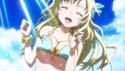 1girls animated bikini blonde_hair blue_bikini blue_sky boku_wa_tomodachi_ga_sukunai bouncing_breasts cleavage cloud collarbone large_breasts official_art outdoors sena_kashiwazaki swimsuit tongue upper_teeth_only