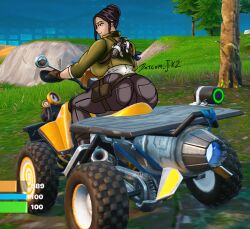 2d_(artwork) armed ass ass_focus big_ass big_breasts big_butt big_thighs bike brown_eyes dark_hair dotcomjk2_(artist) dress edit fortnite fortnite:_battle_royale from_behind gloves looking_at_viewer looking_back looking_pleasured only_female voluptuous_female waypoint