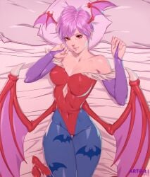 1girls 2021 arttoru bat_print blue_pantyhose capcom clothing darkstalkers erect_nipples erect_nipples_under_clothes female female_only gauntlets head_wings hi_res leotard lilith_aensland looking_at_viewer lying lying_on_back medium_breasts nipple_bulge pantyhose purple_hair red_eyes short_hair solo succubus succubus_wings wings