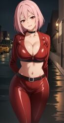 ai_generated alternate_hairstyle belt bob_cut choker cleavage guilty_crown head_tilt jacket large_breasts leather leather_pants lips navel night outdoors pink_hair pov red_eyes red_leather_jacket smile stable_diffusion wide_hips yuzuriha_inori