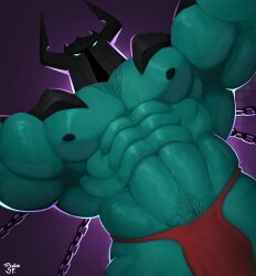 1boy 2022 armpit_hair bara bara_tits barazoku big_bulge bulge dukethe_artist gay green_body green_skin helmet horned_helmet huge_bulge league_of_legends looking_at_viewer male male_focus male_nipples male_only male_pubic_hair manly mordekaiser muscular_male nipples penis_outline riot_games solo solo_male thong underwear yaoi