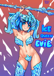 1girls arms_above_head blue_eyes blue_hair breasts censored english_text evie_(paladins) female female_only ice ikkimay painted_nails paladins smile solo text