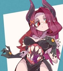 cleavage clothed demon_horns dress freckles giwi hair_ornament horns hourglass_figure loincloth_dress magenta_hair monster_girl nightmare_waifu pale-skinned_female pale_skin pelvic_curtain pointy_breasts purple_hair red_eyes revealing_clothes rubberross sharp_teeth stomach_mouth teeth thighs tongue tongue_out virtual_youtuber voluptuous voluptuous_female vtuber