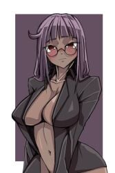 ahoge big_breasts blush blush dark-skinned_female dark_skin female female_only glasses jacket jacket_only jacket_open katriel_(library_of_ruina) library_of_ruina project_moon purple_hair red_eyes