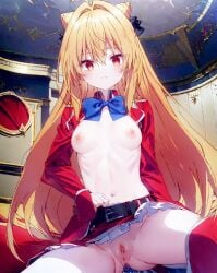 ai_generated anus bangs belt blonde_hair blue_bow blush bow breasts eyebrows_visible_through_hair female hair_between_eyes hair_intakes hikikomari_kyuuketsuki_no_monmon long_hair long_sleeves looking_at_viewer miniskirt navel night night_sky nipples no_panties open_clothes pussy red_eyes shirt sitting skirt sky small_breasts solo star_(sky) terakomari_gandezblood ts uncensored very_long_hair