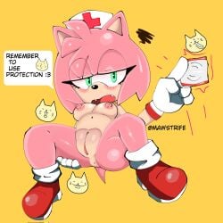 amy_rose ass asshole blush blushing breasts condom eyelashes fangs gloves green_eyes half-closed_eyes holding_condom holding_object holding_thigh mawstrife nude nurse open_mouth pink_fur pink_hair plump_labia presenting presenting_anus presenting_pussy shiny_skin shoes small_breasts socks sonic_(series) sonic_the_hedgehog_(series) tail text text_bubble tongue two_tone_body vagina yellow_background