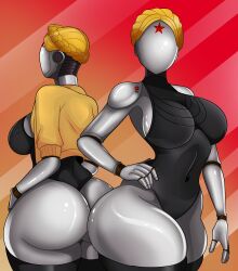 2girls android ass_view atomic_heart back_turned back_view big_ass big_breasts blonde_hair braid busty curvy curvy_figure dat_ass duo duo_female faceless_female females_only hand_on_hip humanoid jacket left_(atomic_heart) legwear leotard metallic_body rear_view red_star right_(atomic_heart) robot robot_girl robot_humanoid simple_background sonson-sensei standing the_twins_(atomic_heart) thick_thighs thighhighs three-quarter_view wide_hips