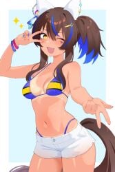 1girl bikini_tan blue_bikini blue_hair brown_hair daitaku_helios_(umamusume) fang gyaru horse_ears horse_girl horse_tail looking_at_viewer medium_breasts micro_shorts multicolored_hair navel nyaivie one_eye_closed side_ponytail solo stomach tanlines umamusume umamusume_pretty_derby white_shorts yellow_eyes