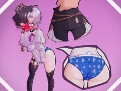 asexual asexual_new_world_order ass black_hair blue_eyes e-sekai embarrassed embarrassed_underwear_female euf heterochromia holding_clothing idol-en idol_corp multicolored_eyes multicolored_hair no_pants panties print_panties red_eyes rin_penrose rnp virtual_youtuber vtuber white_hair