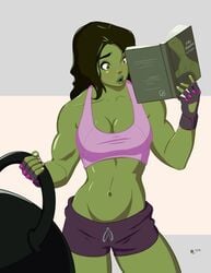 big_breasts blush book cerebus873 clothed_female dumbbell fingerless_gloves holding_book kettlebell marvel matthew_orders mro16 navel open_mouth parody pink_top raised_eyebrows reading reading_book she-hulk shocked_expression shorts standing weight workout