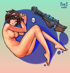 breasts brown_hair feet ikkimay kinessa_(paladins) looking_at_viewer lying_down paladins pussy red_eyes smile uncensored undressed weapon