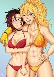 2girls abs age_difference arm_over_shoulder big_breasts bikini bikini_bottom bikini_top blonde_hair breasts brown_hair cleavage confident cyborg duo duo_focus embarrassed female female_focus female_only fit fit_female full_color hand_on_hip highres large_breasts long_hair looking_at_viewer looking_away mcmystery medium_breasts midriff older_female older_sister older_sister_younger_sister ponytail purple_eyes red_bikini red_highlights robotic_arm rooster_teeth ruby_rose rwby short_hair silver_eyes sisters sisters_(lore) smile smiling smiling_at_viewer teen teenage_girl teenager two_tone_hair wink winking winking_at_viewer yang_xiao_long yellow_bikini yellow_hair young younger_female younger_sister