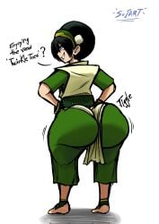 1girls aged_up artist_name ass ass_focus avatar_legends avatar_the_last_airbender barefoot big_ass black_hair earth_kingdom english_text female from_behind huge_ass smile srjrgart text thick thick_ass thick_thighs toph_bei_fong