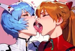 2girls ai_generated asuka_langley_sohryu blue_hair hair_ornament kissing neon_genesis_evangelion open_mouth orange_hair rei_ayanami slimpy tongue_out yuri