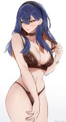 big_breasts black_lingerie black_panties blue_hair blush carmine_(pokemon) choker curvy_figure curvy_hips embarrassed game_freak lingerie mole_on_pussy panties pokemon pokemon_sv thighs tommietomm twirling_hair yellow_eyes