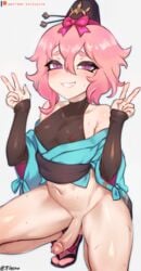 1boy bottomless chitose_(dragalia_lost) double_peace_sign double_v dragalia_lost erection femboy girly jtveemo male male_only muscular_thighs nipples otoko_no_ko pelvic_curtain penis pink_hair sheer_clothing simple_background small_breasts solo sweat thighs trap v