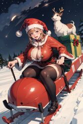 1girls ai_generated bangs belt black_footwear black_thighhighs blonde_hair blue_eyes blush breasts christmas christmas_outfit cleavage dress fur_trim gift gift_box hat large_breasts long_hair looking_at_viewer moon night night_sky open_mouth outdoors reindeer riding santa_costume santa_hat shooting_star sitting sky smile snow solo star_(sky) thick_thighs thighhighs thighs