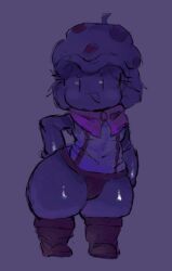 :3 big_thighs connie_(tabs cute cute_expression cute_fang cute_male femboy front_view huoo) mushroom oc purple_background purple_body purple_eyes purple_hair shortstack tabs_huoo thick_thighs