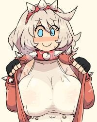 1girls blush breasts elphelt_valentine female_focus female_only fingerless_gloves guilty_gear large_breasts meme meme_attire necklace notnoe_(dxcl) rockstar shy sweat