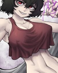 artist_signature black_clover black_hair cheeky_smile defined_muscles female huge_breasts lean_muscle limn044 lipstick liquid nipples_visible_through_clothing pale_skin red_eyes sally_(black_clover) short_hair shueisha simple_background sinister small_nose smile