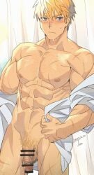 1boy abs artist_request bar_censor bara bare_pectorals blonde_hair blue_eyes censored chest_hair feet_out_of_frame flaccid hairy highres large_pectorals leg_hair looking_at_viewer male_focus male_pubic_hair muscular muscular_male naked_shirt navel nipples open_clothes open_shirt original pectorals pubic_hair sagami_jon scar shirt short_hair shy solo sparse_chest_hair sparse_navel_hair stomach sweat thick_eyebrows undressing