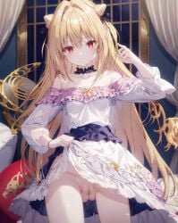 ai_generated bangs bare_shoulders blonde_hair choker closed_mouth clothes_lift collarbone curtain_grab curtains dress dress_lift eyebrows_visible_through_hair female hair_between_eyes hair_intakes hikikomari_kyuuketsuki_no_monmon indoors lifted_by_self long_hair long_sleeves looking_at_viewer night no_panties off-shoulder_dress off_shoulder pussy red_eyes skirt skirt_lift smile solo terakomari_gandezblood two_side_up uncensored very_long_hair white_dress window