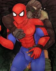 2boys behind bk_mita clothed clothing from gay imminent_sex looking_at_another male male/male male_only marvel marvel_comics mask mostly_clothed muscular penis ripped_clothing spider-man spider-man_(series)